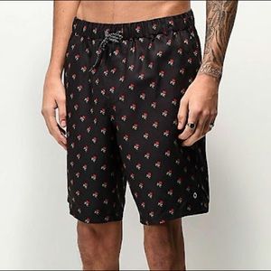 Empyre Men’s Grom Red Rose Black Elastic Waist Board Shorts Swim Trunks
